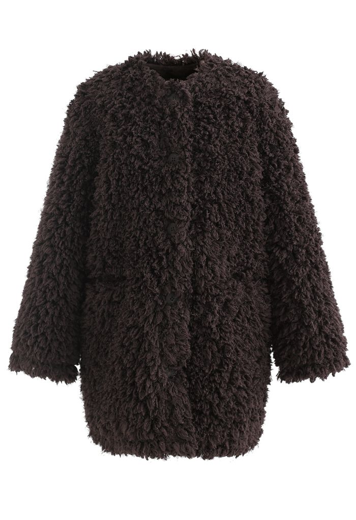 Collarless Shaggy Faux Fur Suede Coat in Brown