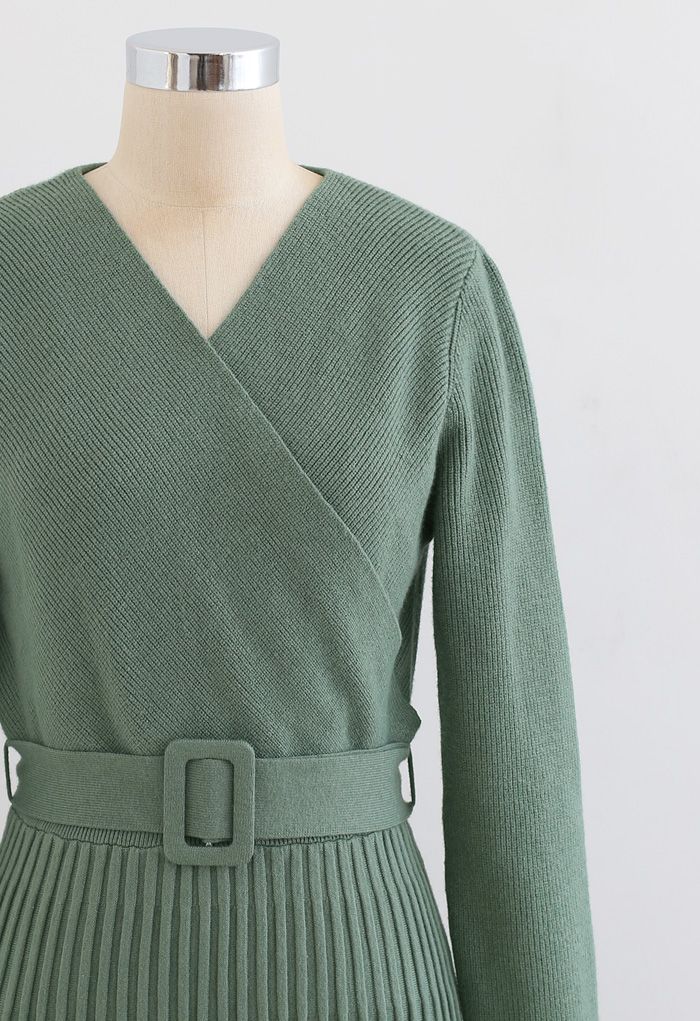 Belted Wrap Rib Knit Midi Dress in Green