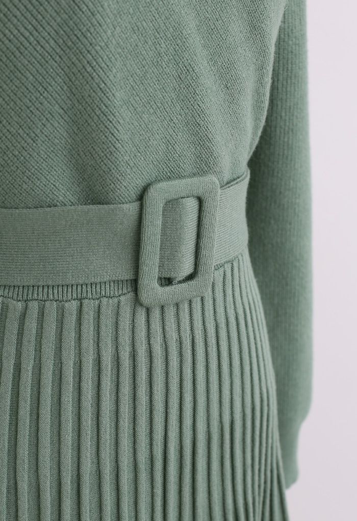 Belted Wrap Rib Knit Midi Dress in Green
