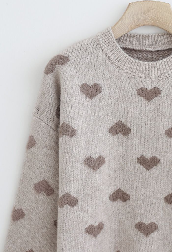 Contrast Color Fuzzy Hearts Knit Sweater in Taupe