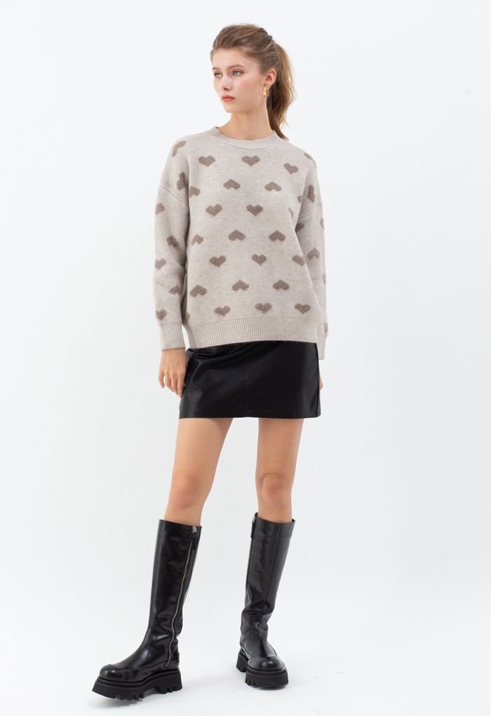 Contrast Color Fuzzy Hearts Knit Sweater in Taupe