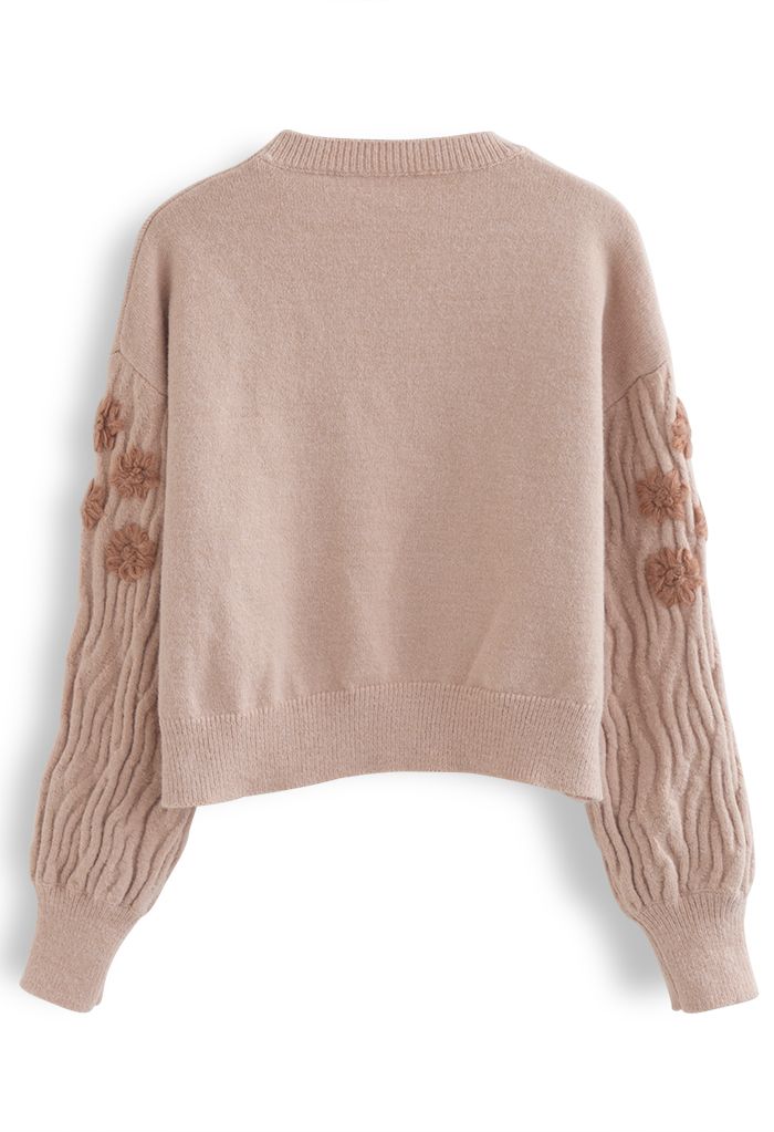 Wavy Sleeves Stitched Flower Knit Sweater in Pink