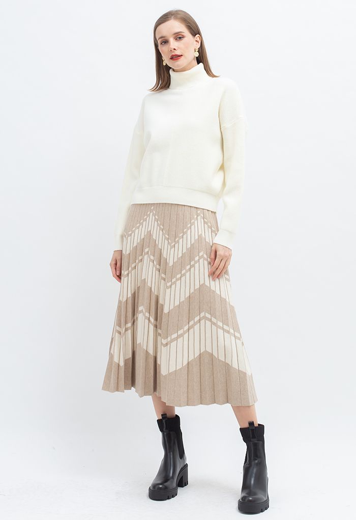Contrast Zigzag Pleated Knit Skirt in Sand