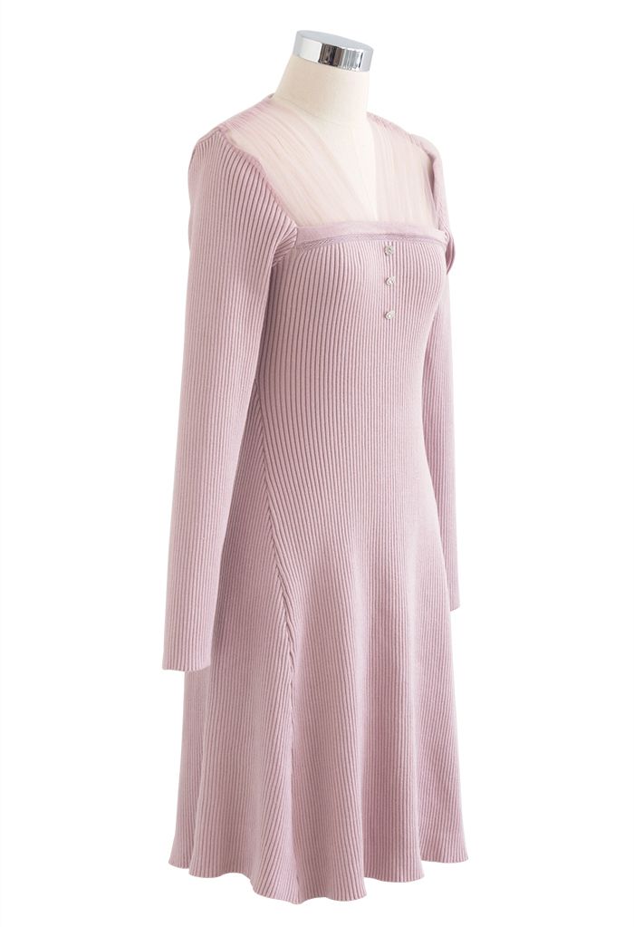 Ruched Mesh V-Neck Knit Midi Dress in Violet