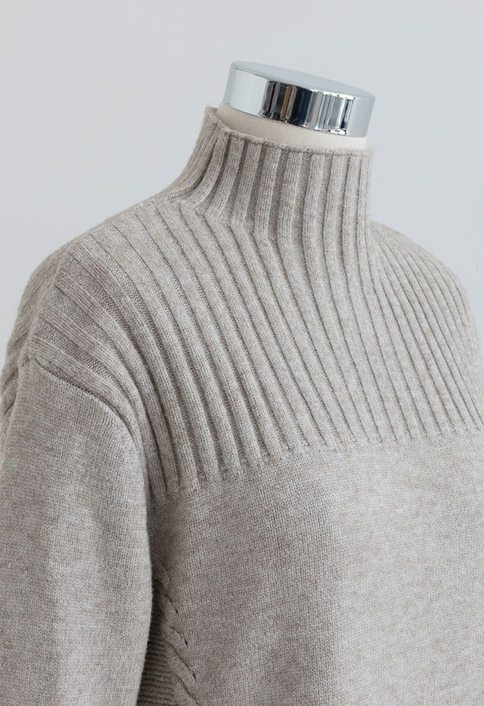 Braided Side High Neck Longline Sweater in Linen
