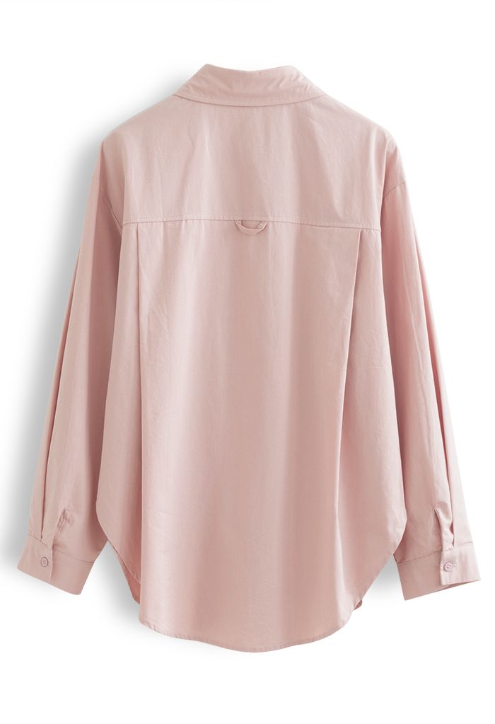 Button Down Dolphin Hem Cotton Shirt in Pink