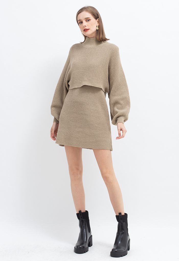 Mock Neck Crop Sweater and Sleeveless Knit Dress Set in Camel
