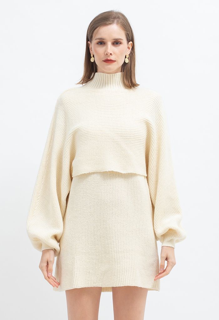 Mock Neck Crop Sweater and Sleeveless Knit Dress Set in Cream
