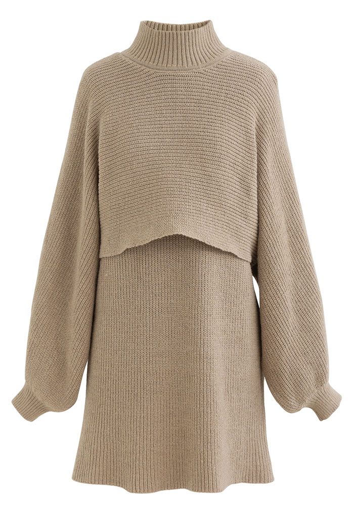 Mock Neck Crop Sweater and Sleeveless Knit Dress Set in Camel
