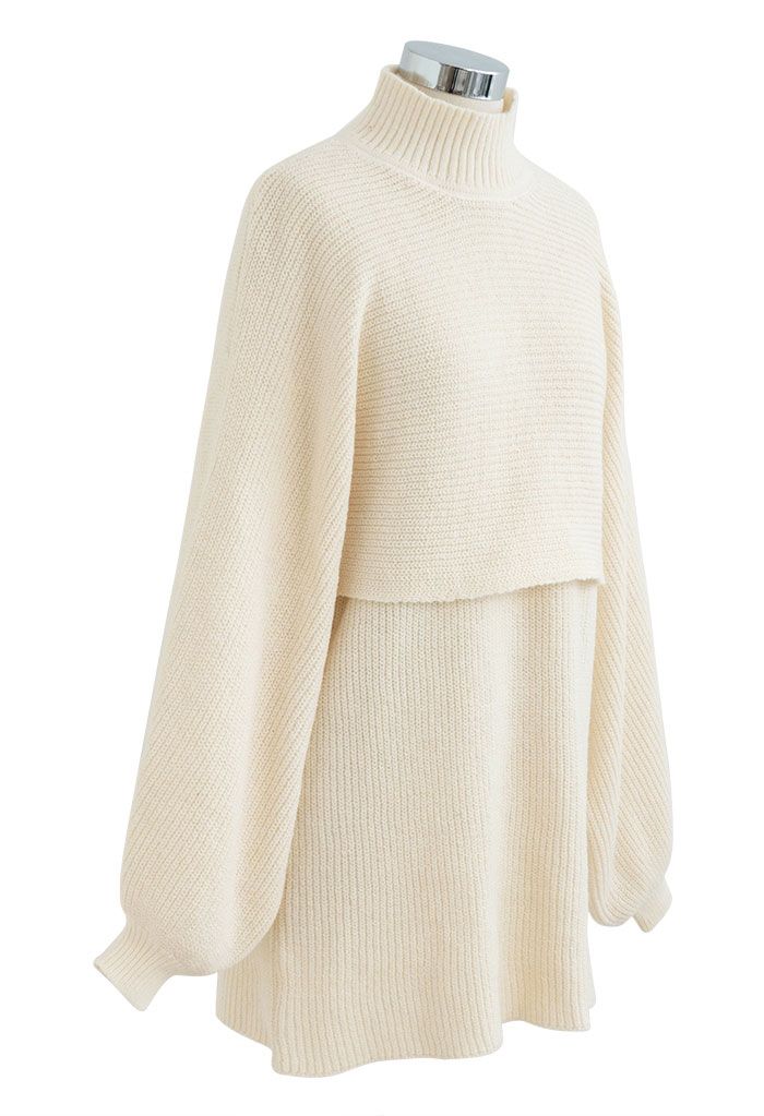 Mock Neck Crop Sweater and Sleeveless Knit Dress Set in Cream