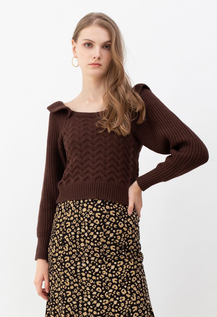 Square Neck Braid Ribbed Crop Sweater in Brown