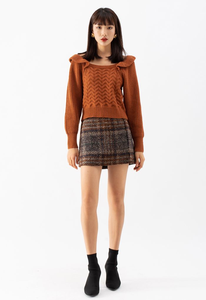 Check Print Wool-Blend Mini Bud Skirt in Caramel