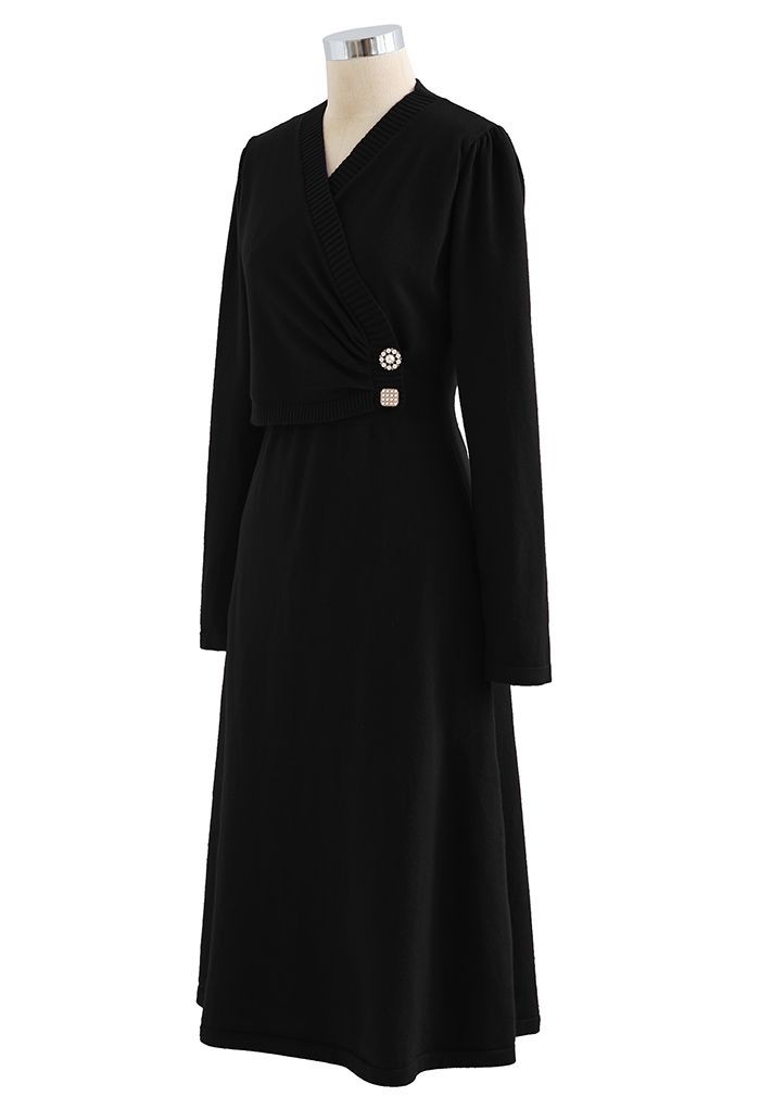 Pearl Button Wrap Knit Midi Dress in Black