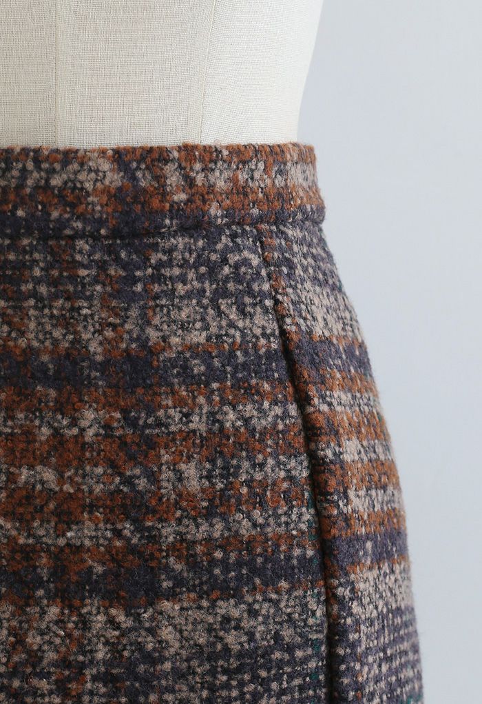 Check Print Wool-Blend Mini Bud Skirt in Caramel