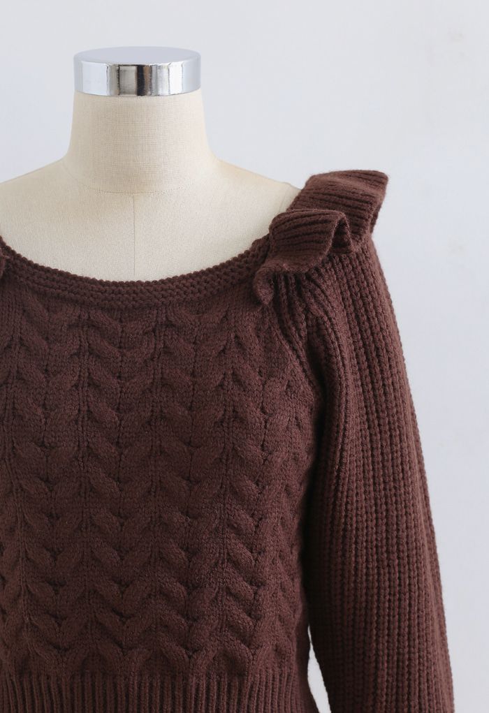 Square Neck Braid Ribbed Crop Sweater in Brown