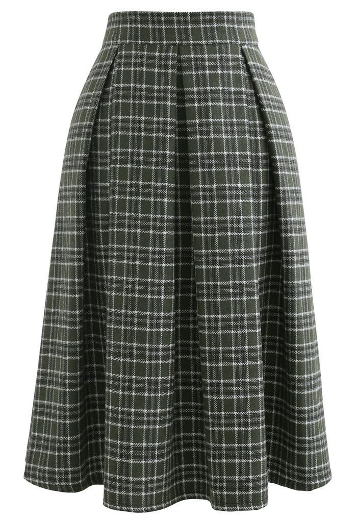 Wool-Blend Pleated Plaid Skirt in Dark Green