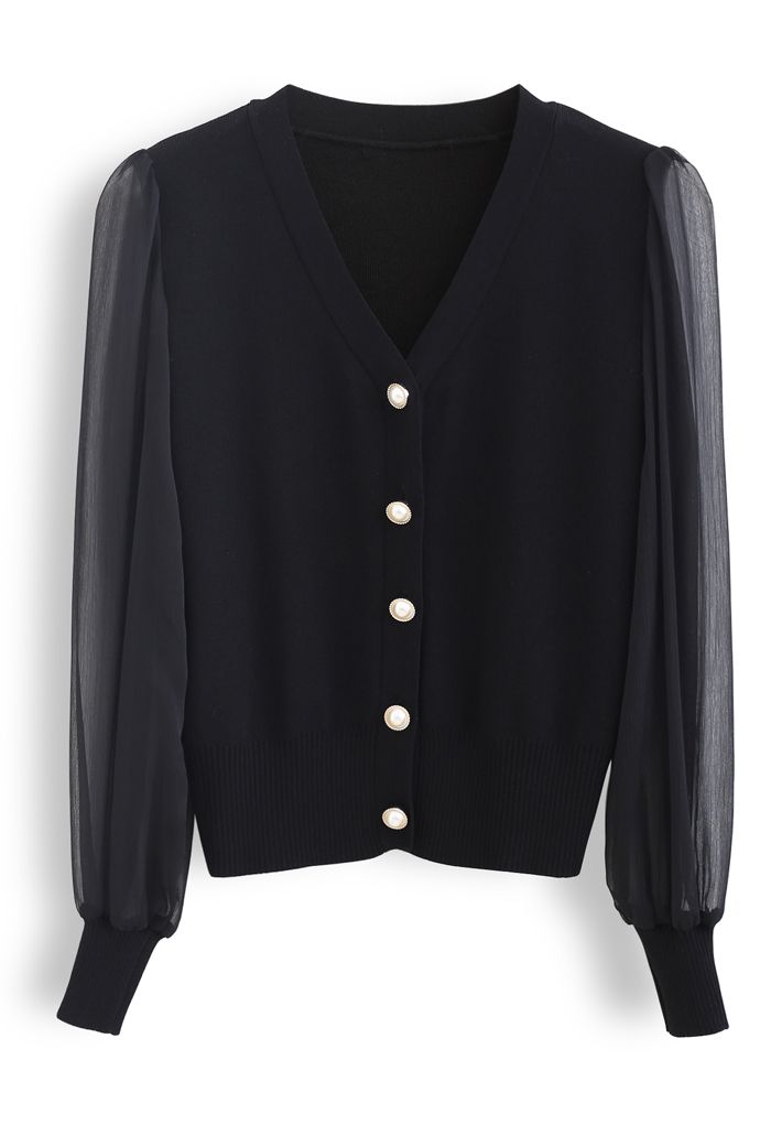 Button Down V-Neck Sheer Sleeves Knit Top in Black