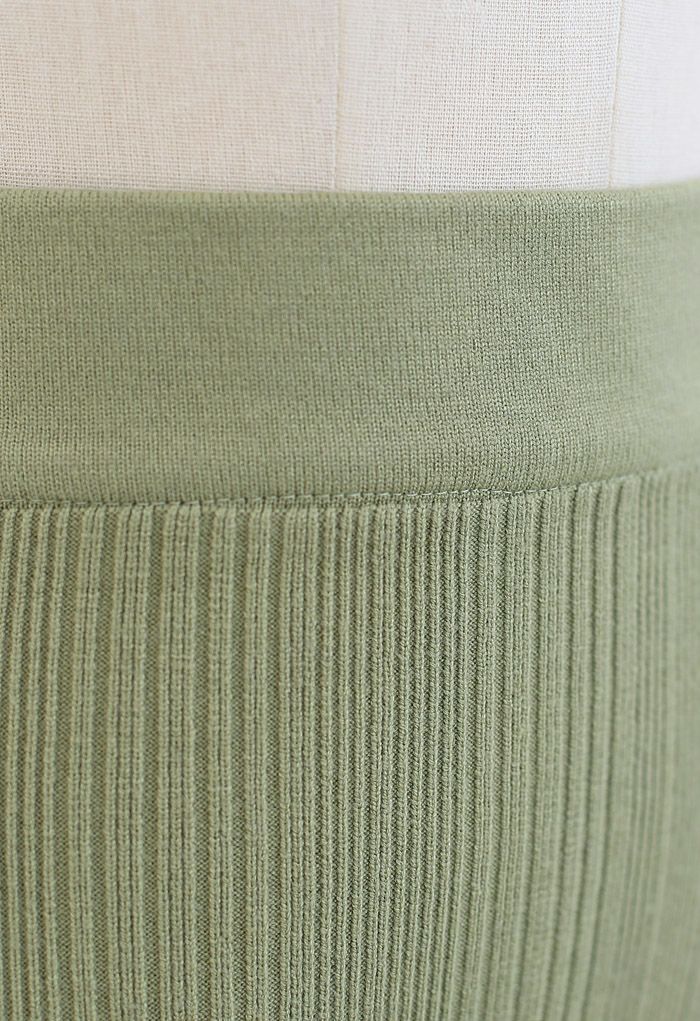 Slit Back Rib-Knit Pencil Skirt in Moss Green