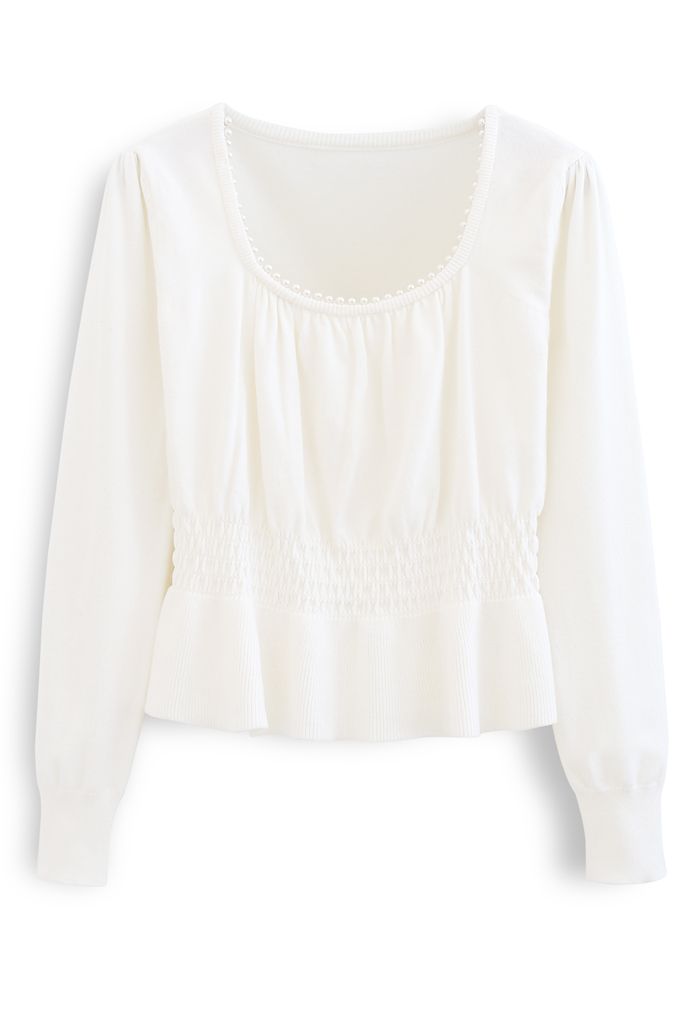 Pearl Square Neck Shirred Peplum Knit Top in White