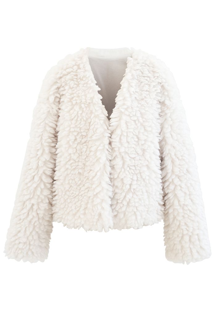Open Front Fluffy Faux Fur Crop Jacket in Ivory