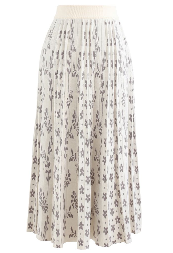 Floret Pleated Knit Midi Skirt in Ivory