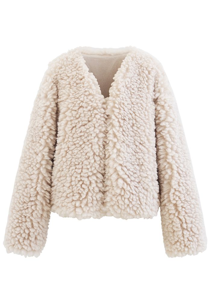Open Front Fluffy Faux Fur Crop Jacket in Cream