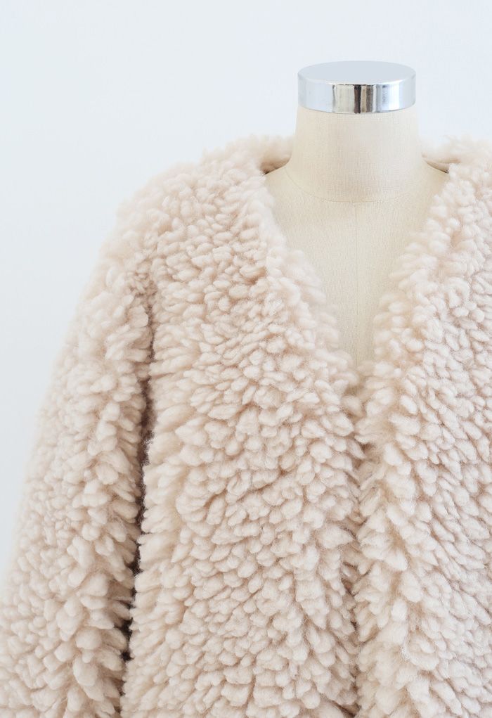 Open Front Fluffy Faux Fur Crop Jacket in Cream