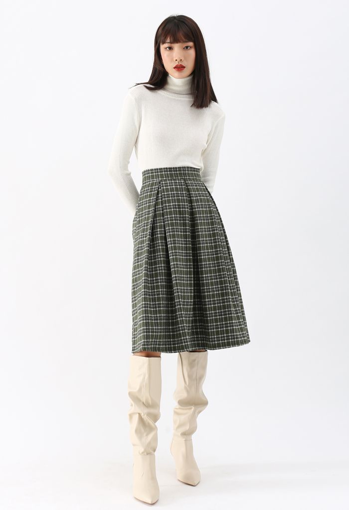 Wool-Blend Pleated Plaid Skirt in Dark Green
