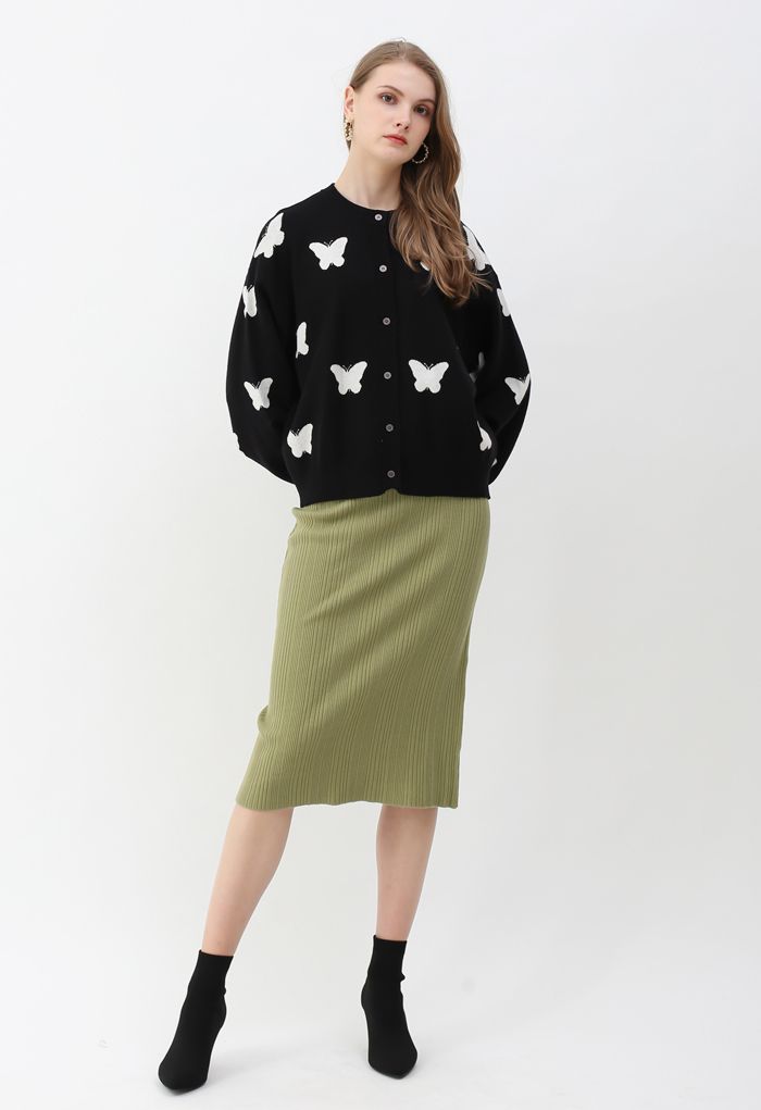 Slit Back Rib-Knit Pencil Skirt in Moss Green