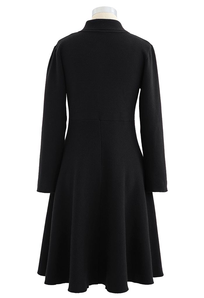 Knotted Neck Button Down Knit Dress in Black