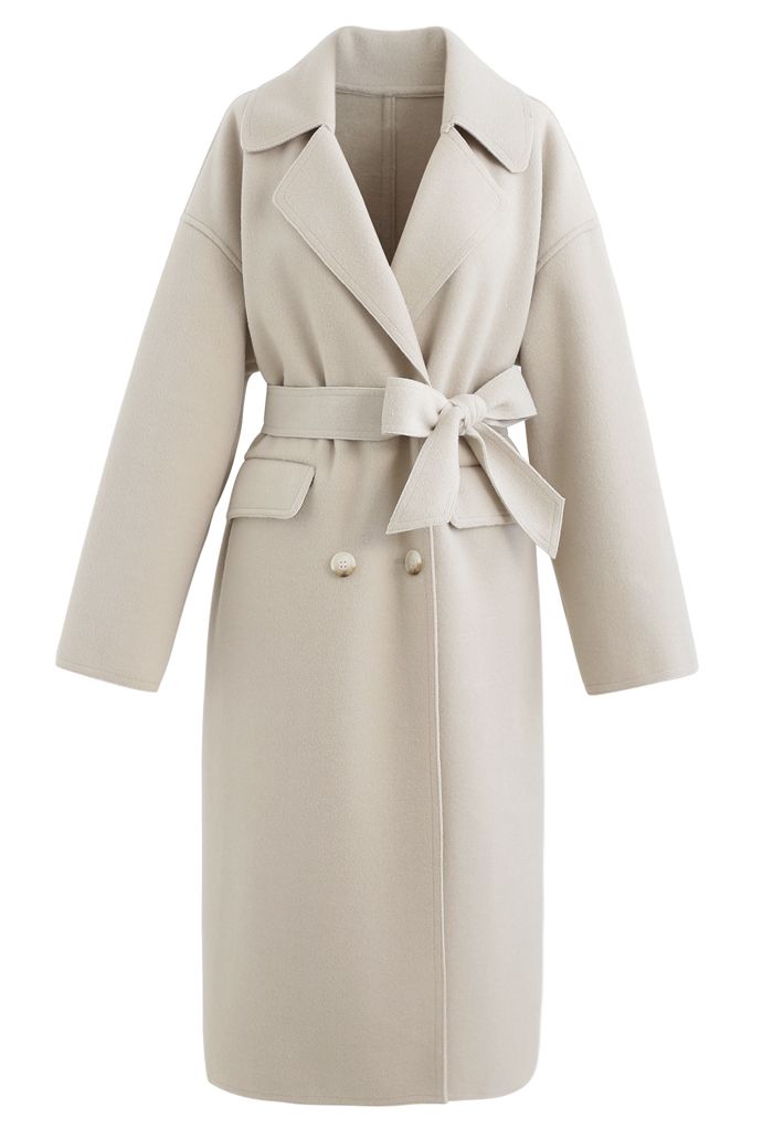 Belted Double-Breasted Wool-Blend Coat in Sand