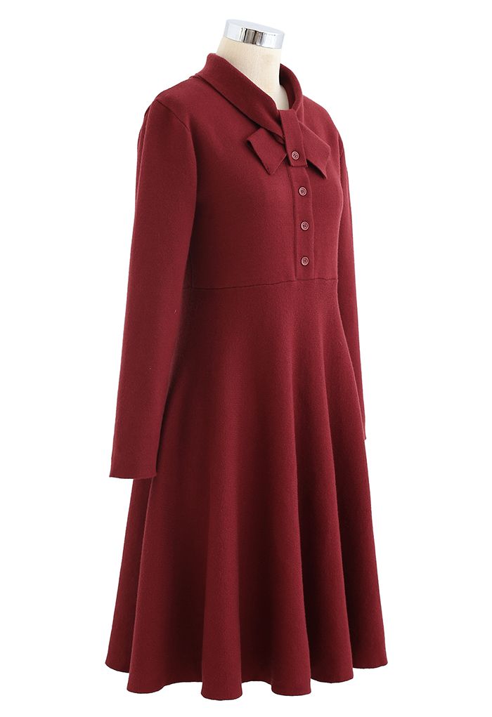 Knotted Neck Button Down Knit Dress in Wine