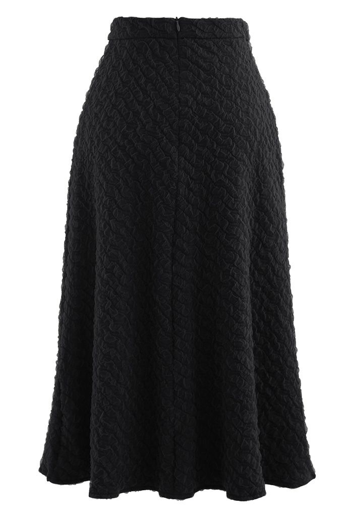 Embossed Mesh Flare Midi Skirt in Black