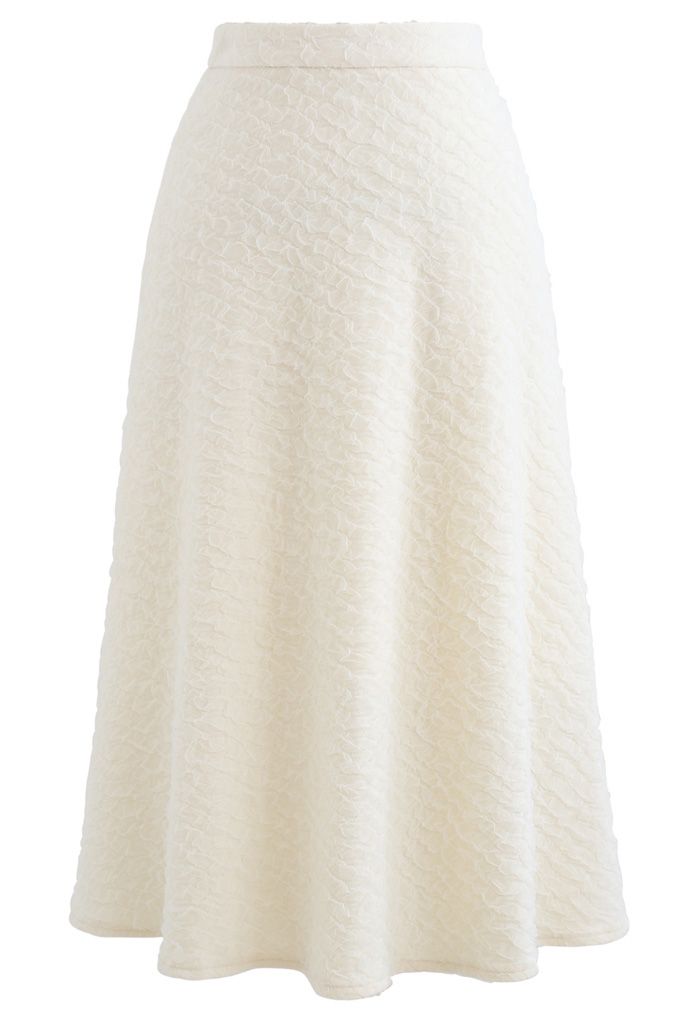 Embossed Mesh Flare Midi Skirt in White