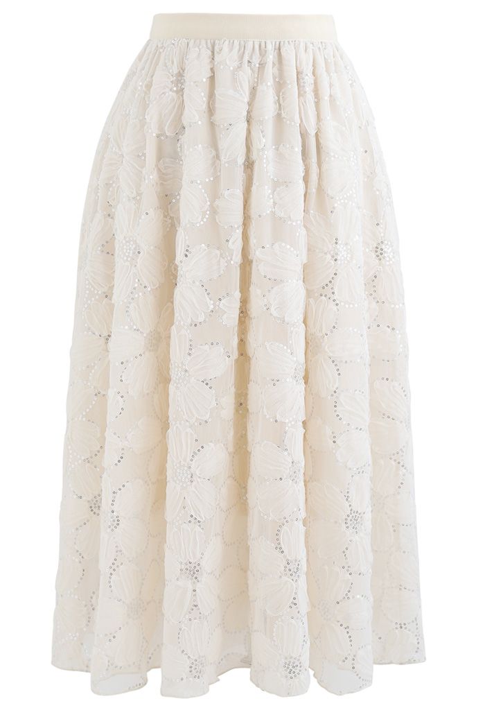 Floral Sequin Double-Layered Mesh Skirt in Cream