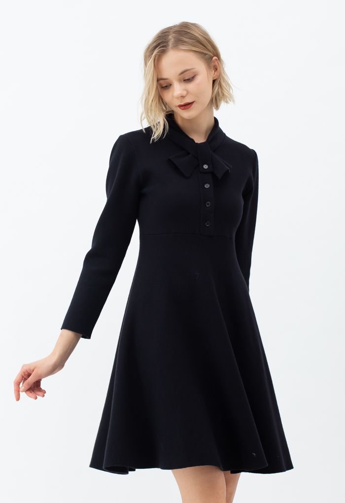 Knotted Neck Button Down Knit Dress in Black