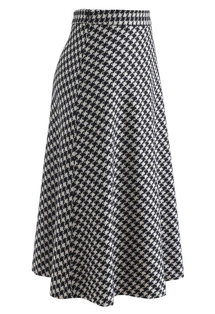 Houndstooth Flare A-Line Midi Skirt in Black