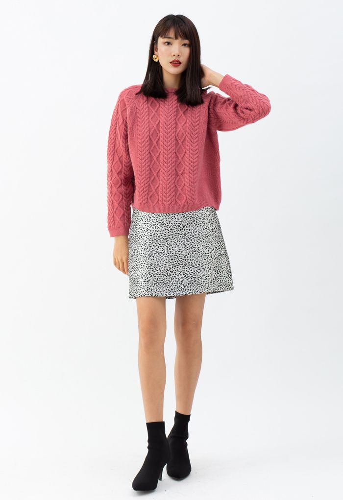 Braid Texture Cropped Knit Sweater in Coral