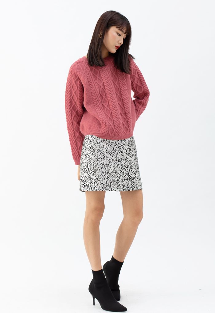 Braid Texture Cropped Knit Sweater in Coral