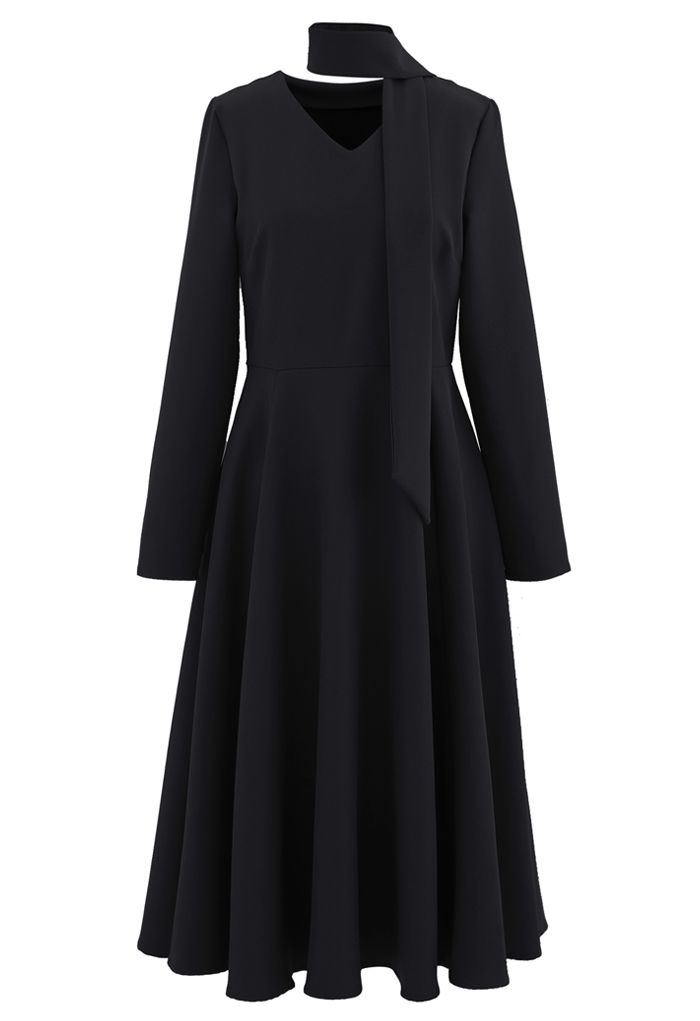 Scarf V-Neck Flare Midi Dress in Black