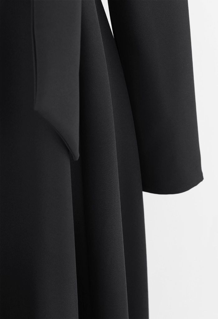 Scarf V-Neck Flare Midi Dress in Black