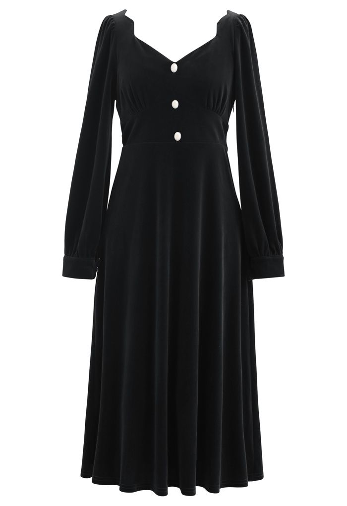 Sweetheart Neck Buttoned Velvet Dress in Black
