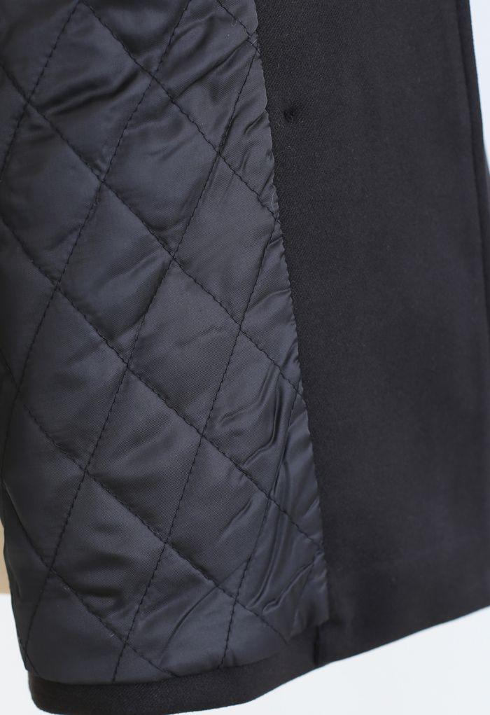 Faux Fur Collar Bubble Sleeves Wool-Blend Coat in Black