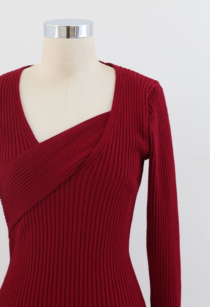 Surplice Wrap Front Ribbed Knit Dress in Red