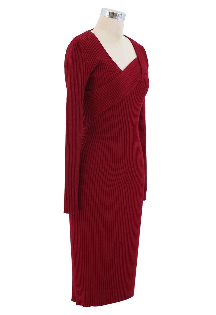 Surplice Wrap Front Ribbed Knit Dress in Red