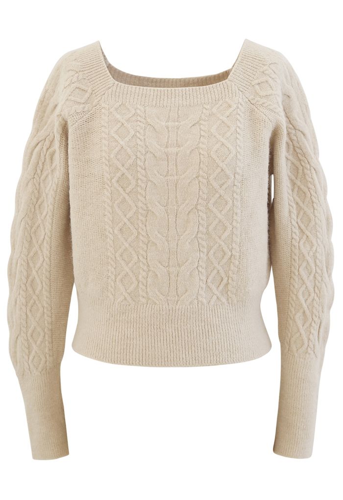 Cropped Square Neck Braid Knit Sweater in Sand
