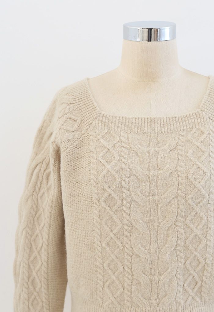 Cropped Square Neck Braid Knit Sweater in Sand