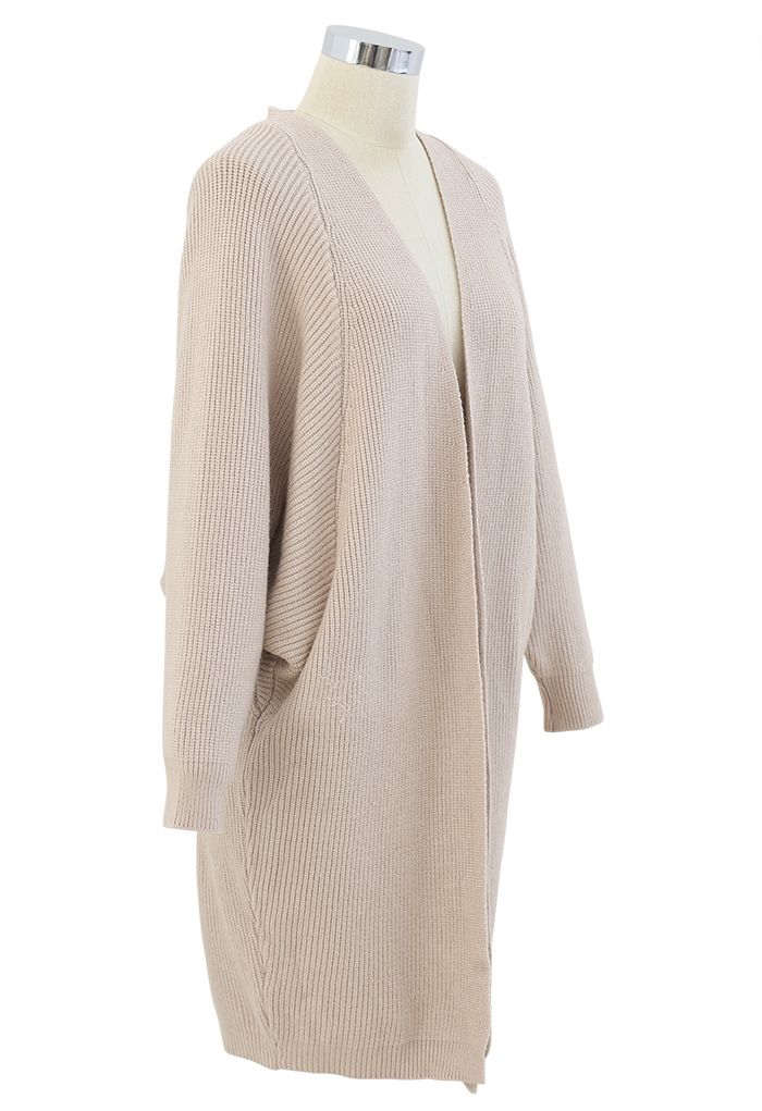 Batwing Ribbed Knit Longline Cardigan in Sand