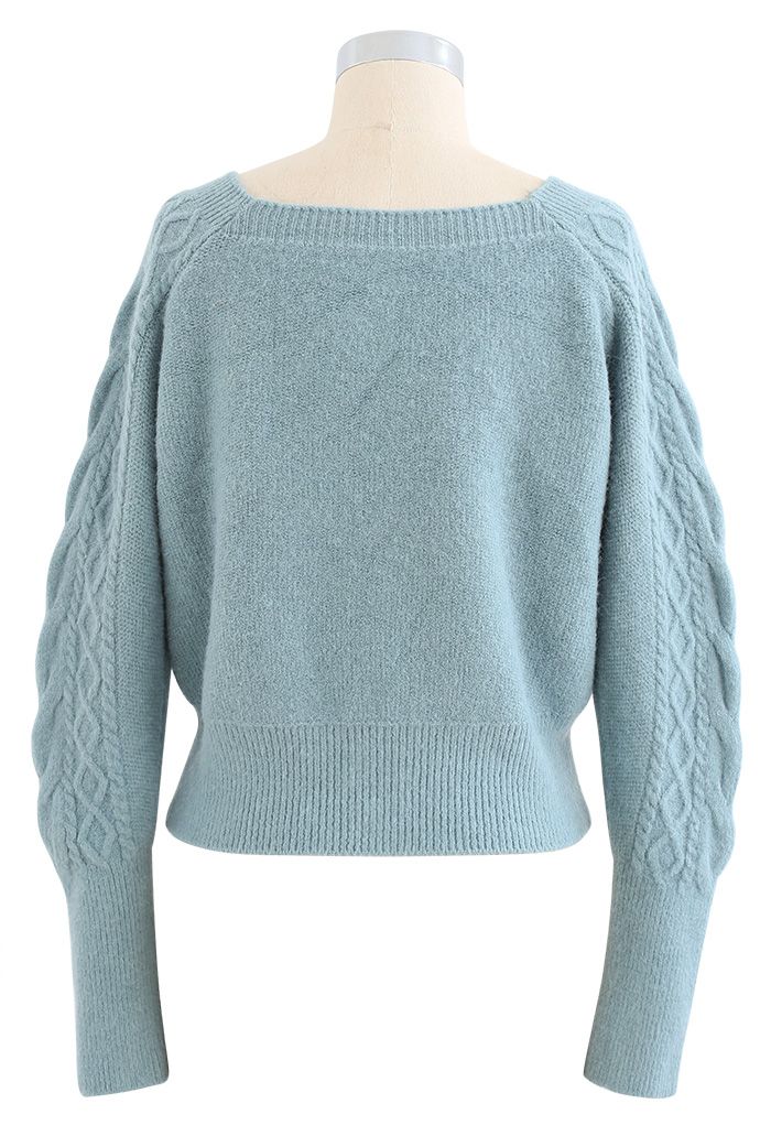 Cropped Square Neck Braid Knit Sweater in Turquoise