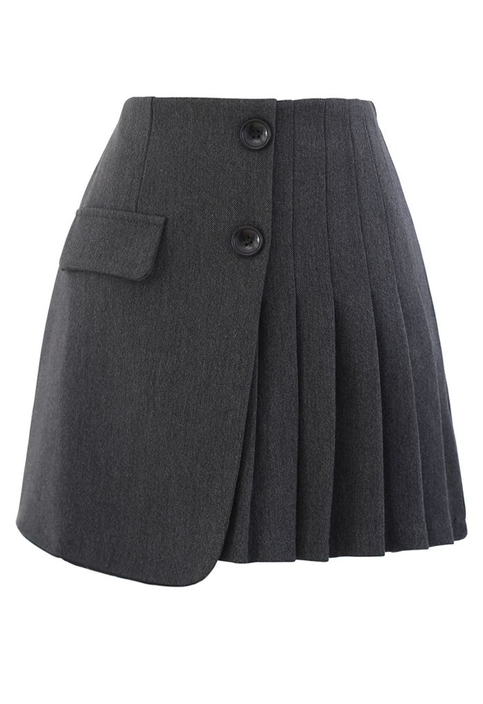 Buttoned Flap Pleated Mini Skirt in Grey
